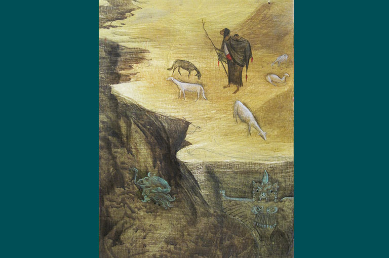 Leonora Carrington, detalle: El mundo mágico de los mayas,1963 - 1964, temple sobre paneles de madera cóncavos,